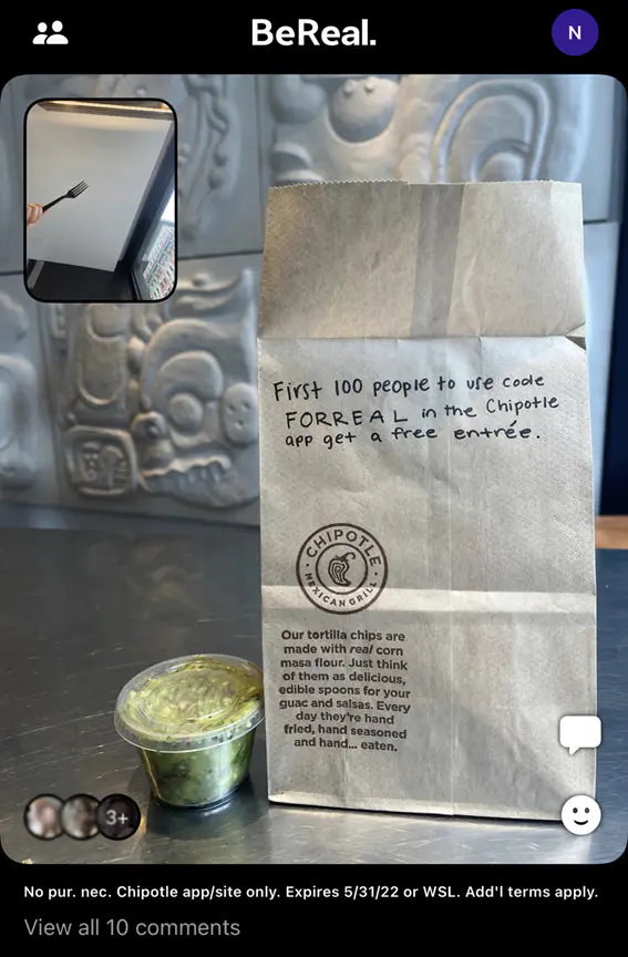 Screenshot example of Chipotle BeReal activation