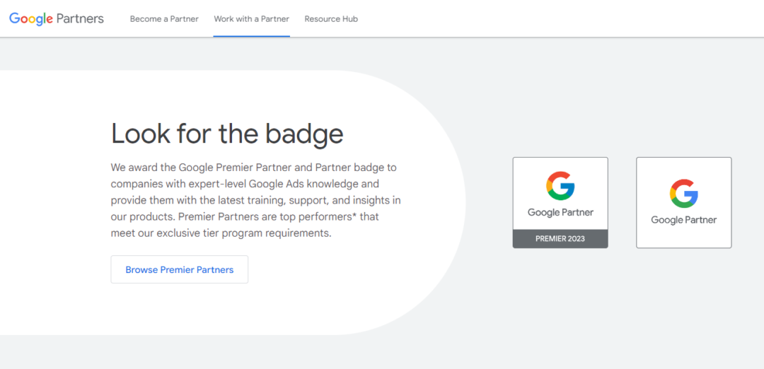Google Partner badge on Google website